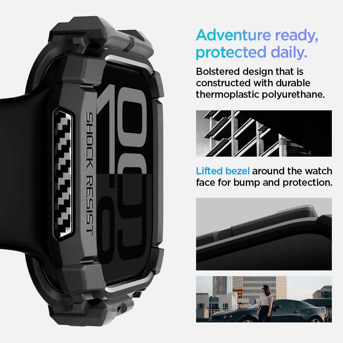 ACS08585 - Apple Watch 10 (42mm) Case Rugged Armor in Matte Black adventure ready, protected daily. Bolstered design that is constructed with durable thermoplastic polyurethane. Lifted bezel around the watch face for bump protection.