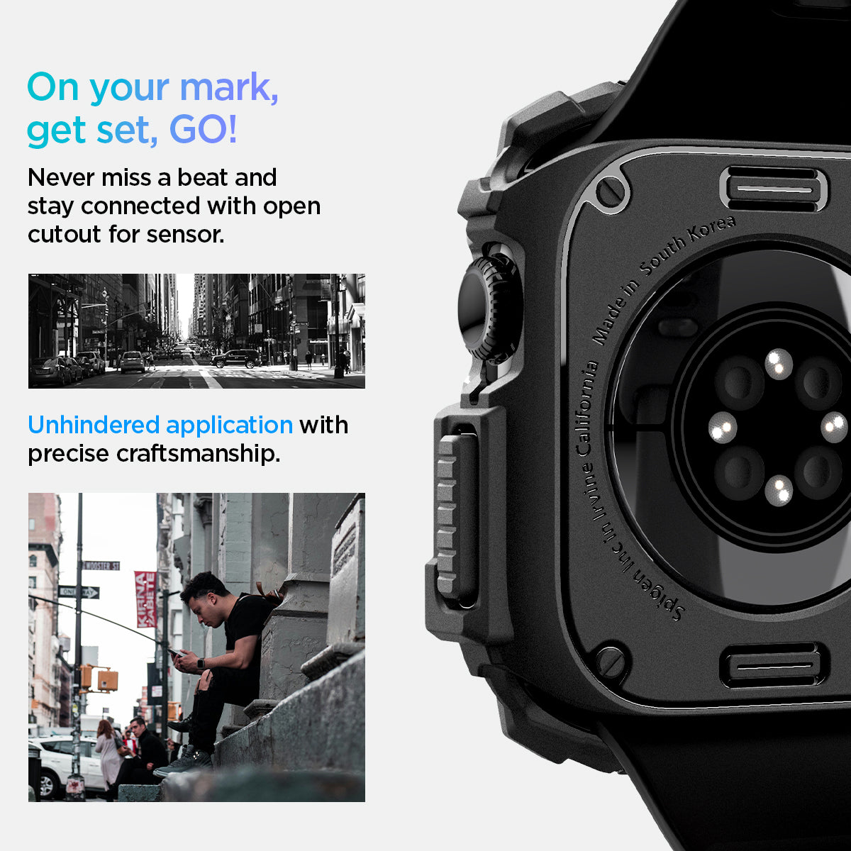 ACS08585 - Apple Watch 10 (42mm) Case Rugged Armor in Matte Black never miss a beat and stay connected with open cutout for the sensor. Write down On your mark, get set GO! Unhindered application with precise craftsmanship.