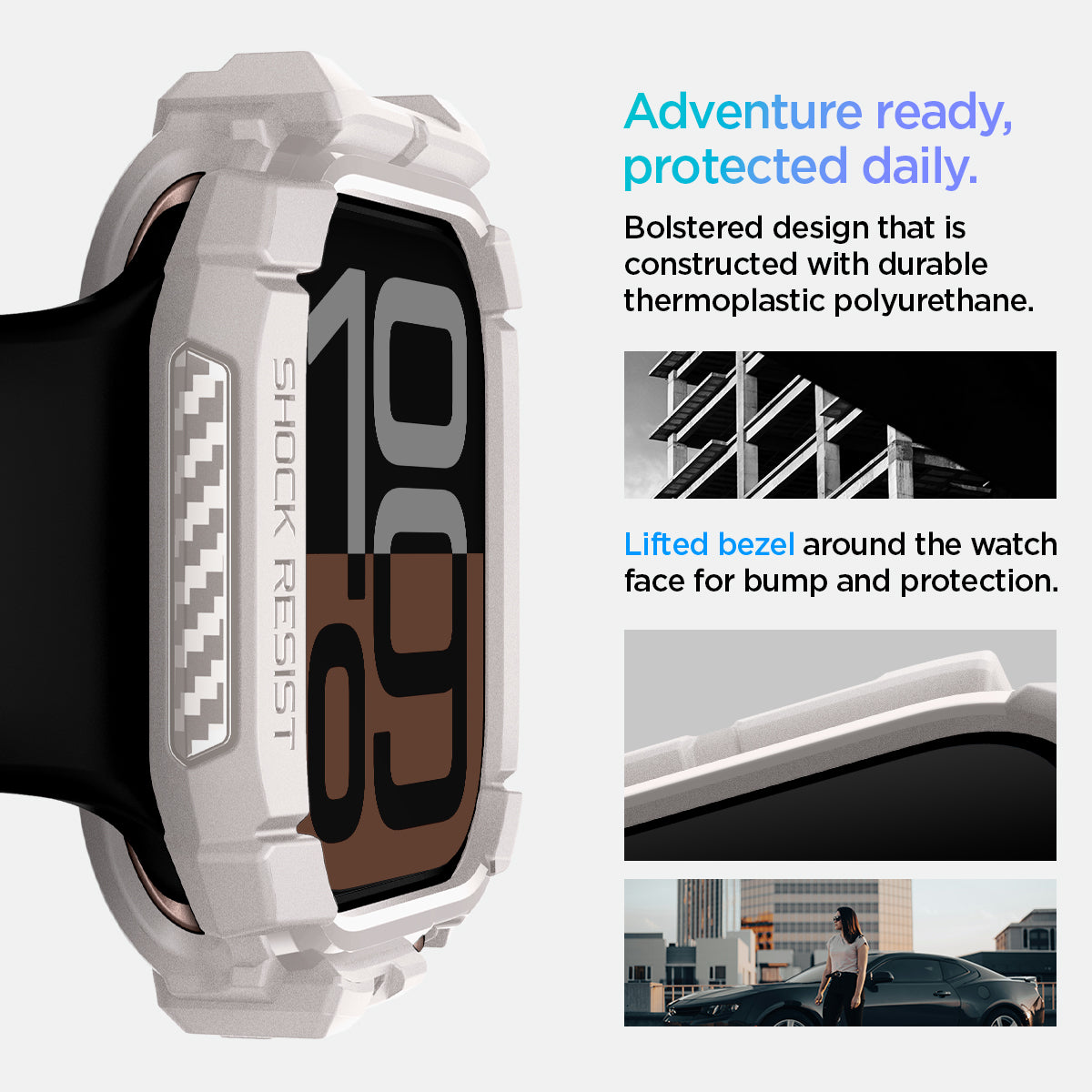 ACS08587 - Apple Watch 10 (42mm) Case Rugged Armor in Dune Beige adventure ready, protected daily. Bolstered design that is constructed with durable thermoplastic polyurethane. Lifted bezel around the watch face for bump protection.