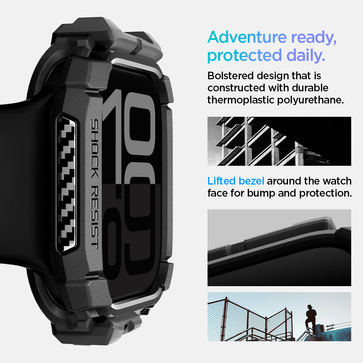 ACS08597 - Apple Watch 10 (46mm) Case Rugged Armor in Matte Black adventure ready, protected daily. Bolstered design that is constructed with durable thermoplastic polyurethane. Lifted bezel around the watch face for bump protection.