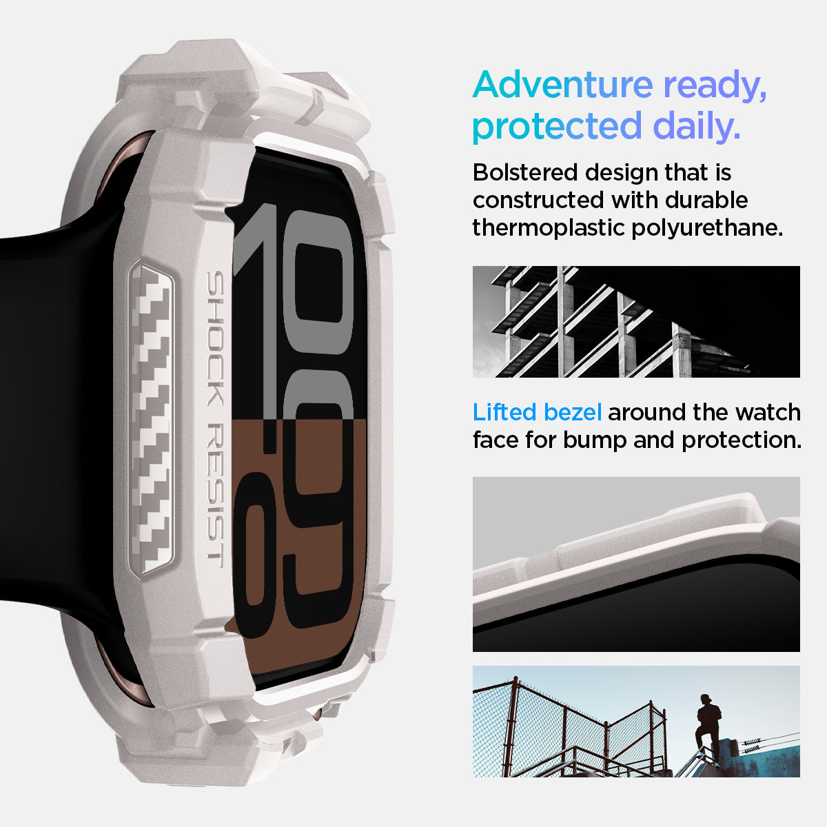 ACS08600 - Apple Watch 10 (46mm) Case Rugged Armor in Dune Beige adventure ready, protected daily. Bolstered design that is constructed with durable thermoplastic polyurethane. Lifted bezel around the watch face for bump protection.