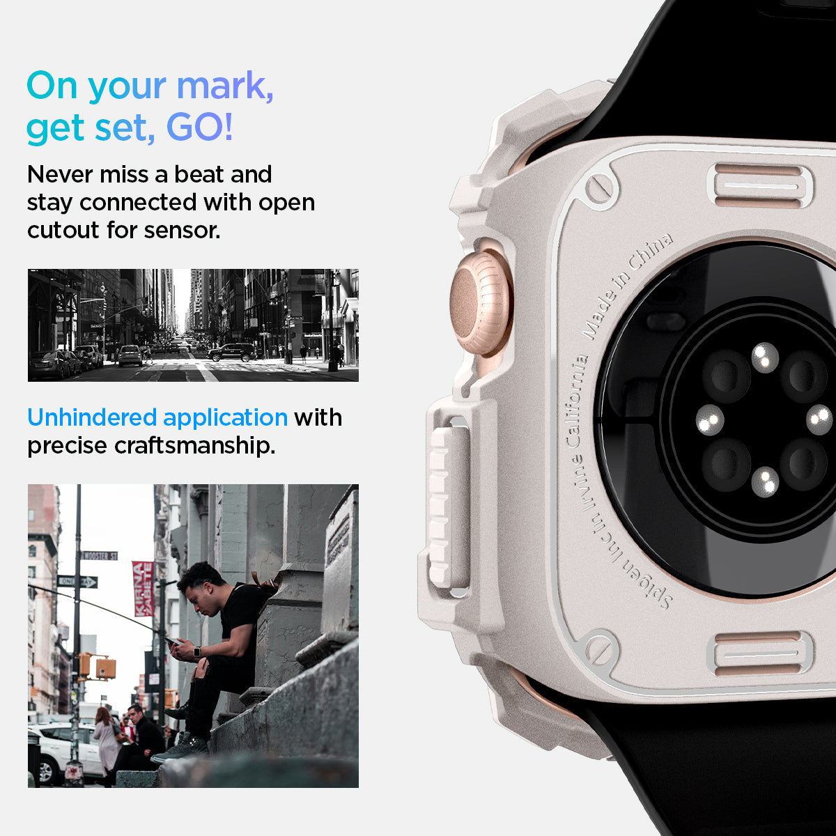 ACS08600 - Apple Watch 10 (46mm) Case Rugged Armor in Dune Beige never miss a beat and stay connected with open cutout for the sensor. Write down On your mark, get set GO! Unhindered application with precise craftsmanship.