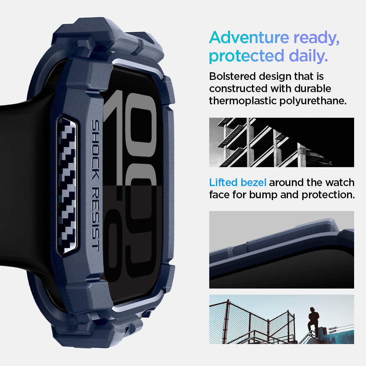 ACS08599 - Apple Watch 10 (46mm) Case Rugged Armor in Navy Blue adventure ready, protected daily. Bolstered design that is constructed with durable thermoplastic polyurethane. Lifted bezel around the watch face for bump protection.