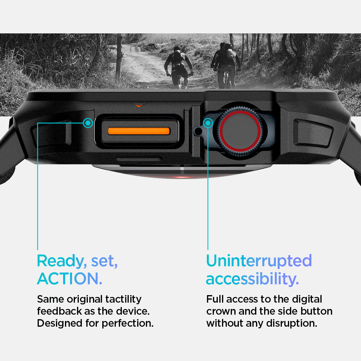 ACS08594 - Apple Watch (42mm) Case Lite Fit Pro in Matte Black showing the same original tactility feedback as the device. Designed for protection. Uninterrupted accessibility. Full access to the digital crown and the side button without any disruption