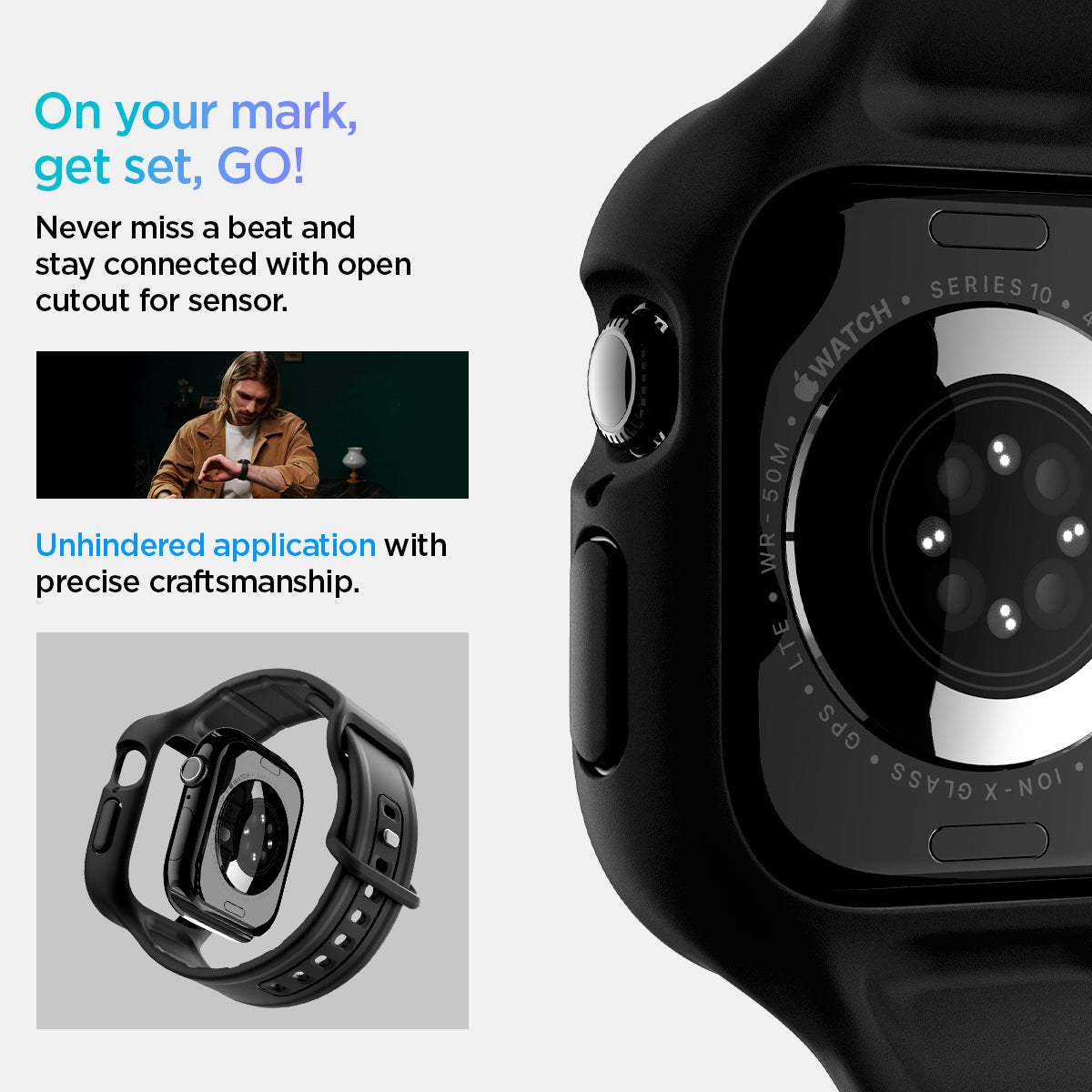 ACS09390 - Apple Watch 10 (42mm) Case Vault Pro in Matte Black never miss a beat and stay connected with open cutout for the sensor. Write down On your mark, get set GO! Unhindered application with precise craftsmanship.