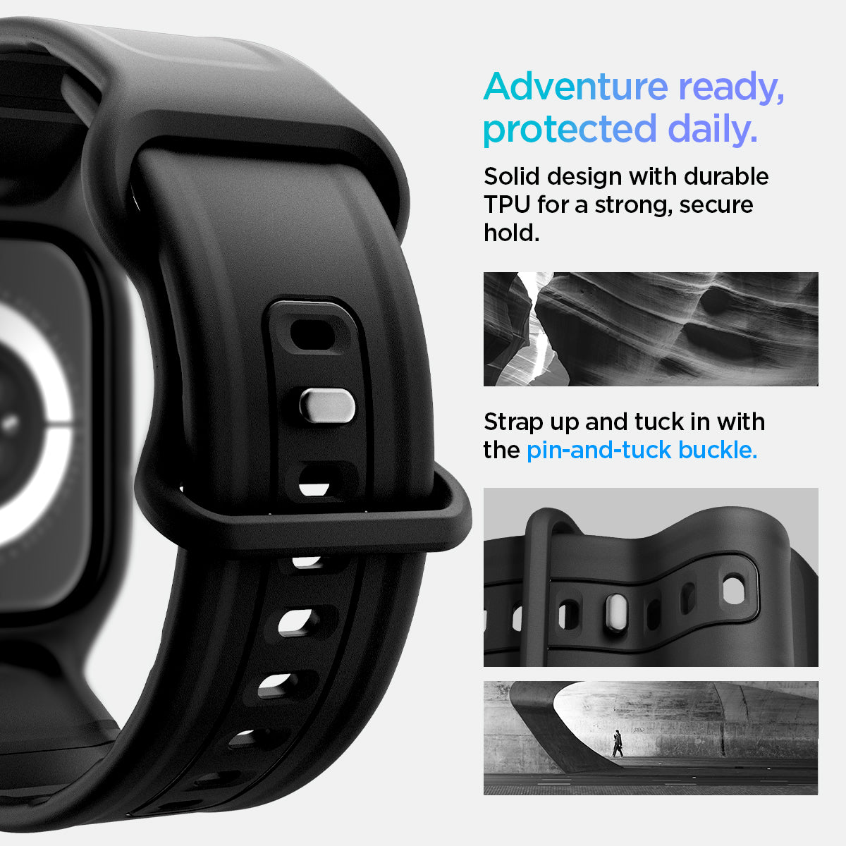 ACS09390 - Apple Watch 10 (42mm) Case Vault Pro in Matte Black solid design with durable TPU for a strong, secure hold. Strap up and tuck in with the pin and tuck buckle.