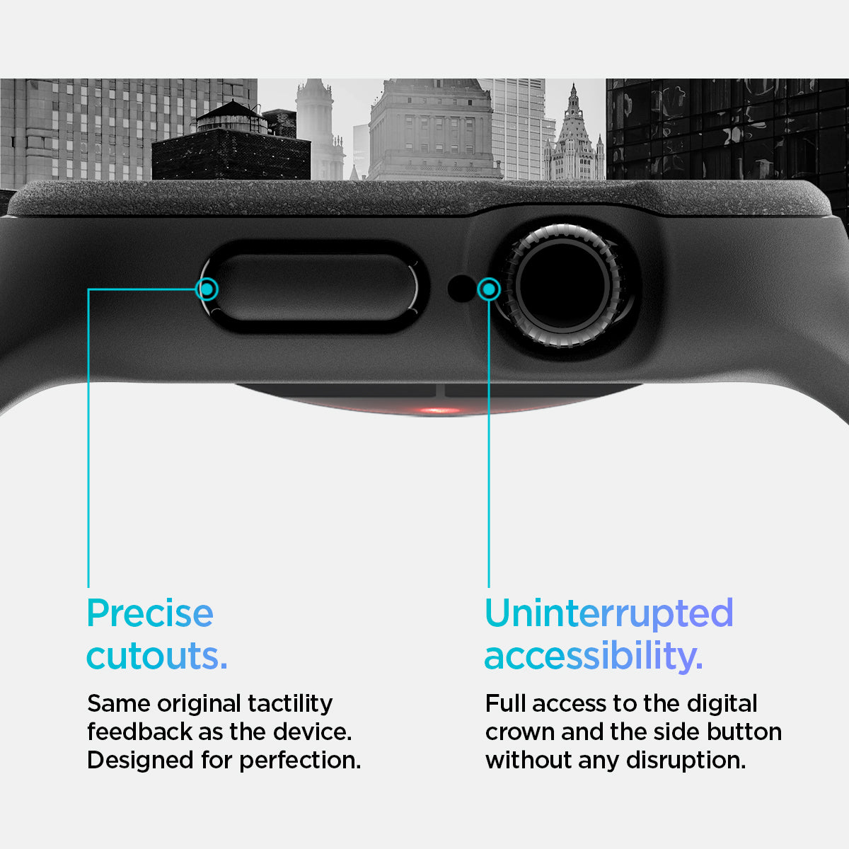 ACS09390 - Apple Watch 10 (42mm) Case Vault Pro in Matte Black Same original tactility feedback as the device designed for perfection. Showing Ready, set, Action. Uninterrupted accessibility. Full access to the digital crown and the side button without any disruption.