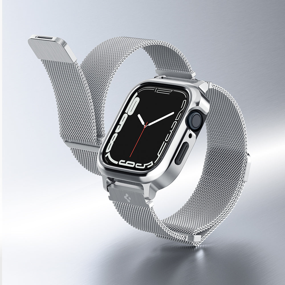 ACS04584 - Apple Watch Series (Apple Watch (45mm) Case Metal Fit Pro in silver showing the front, side, inner side and back
