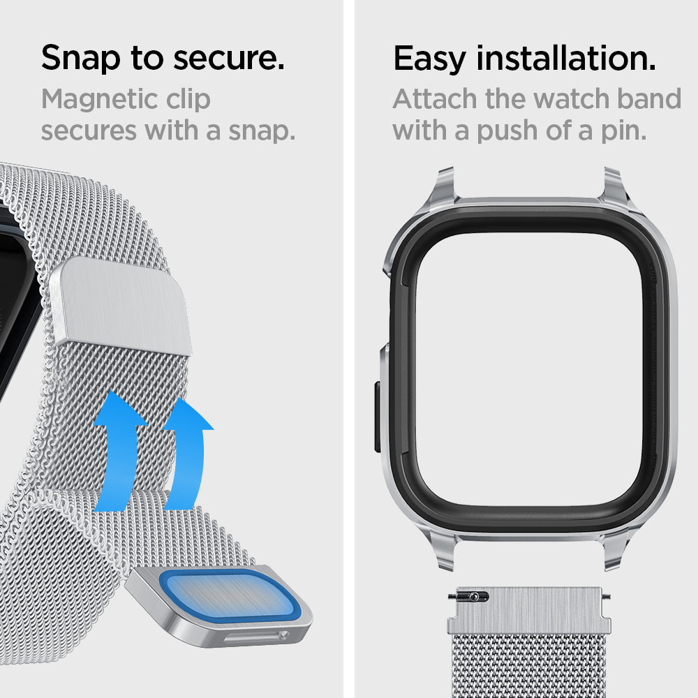ACS04584 - Apple Watch Series (Apple Watch (45mm) Case Metal Fit Pro in silver showing the snap to secure. Easy installation. Attach the watch band with a push of a pin