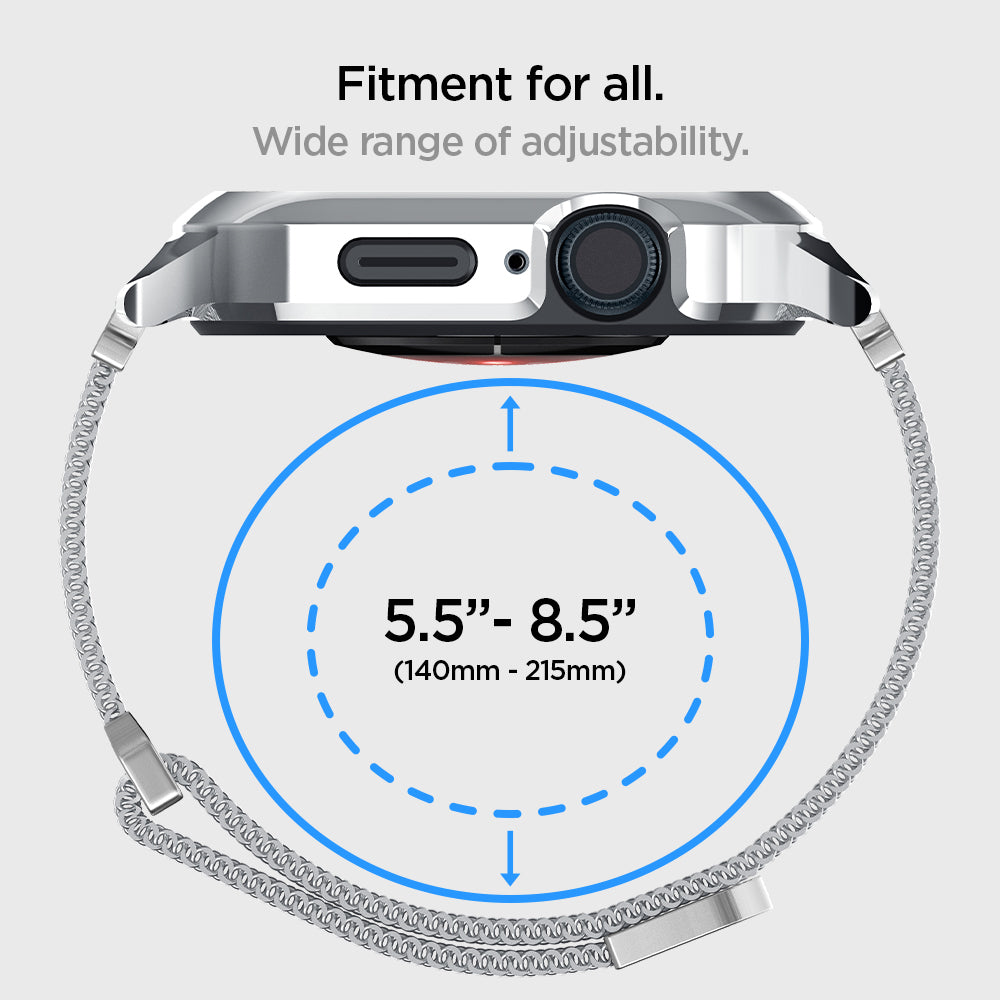 ACS04584 - Apple Watch Series (Apple Watch (45mm) Case Metal Fit Pro in silver showing the fitment for all. Wide range of adjustability 5.5" / 8.5