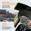 AMP09035 - Apple Watch 10 (46mm) Athlex Air in Active Green showing the start & stop sliding technology. Use the pull tab to tighten the watch band with one hand. Secure fitment. Fasten hook and loop tab to the watch band for a durable hold