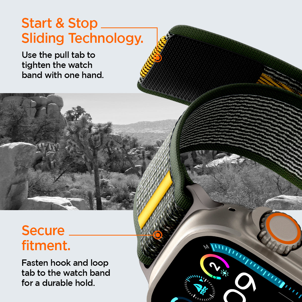 AMP09035 - Apple Watch 10 (46mm) Athlex Air in Active Green showing the start & stop sliding technology. Use the pull tab to tighten the watch band with one hand. Secure fitment. Fasten hook and loop tab to the watch band for a durable hold