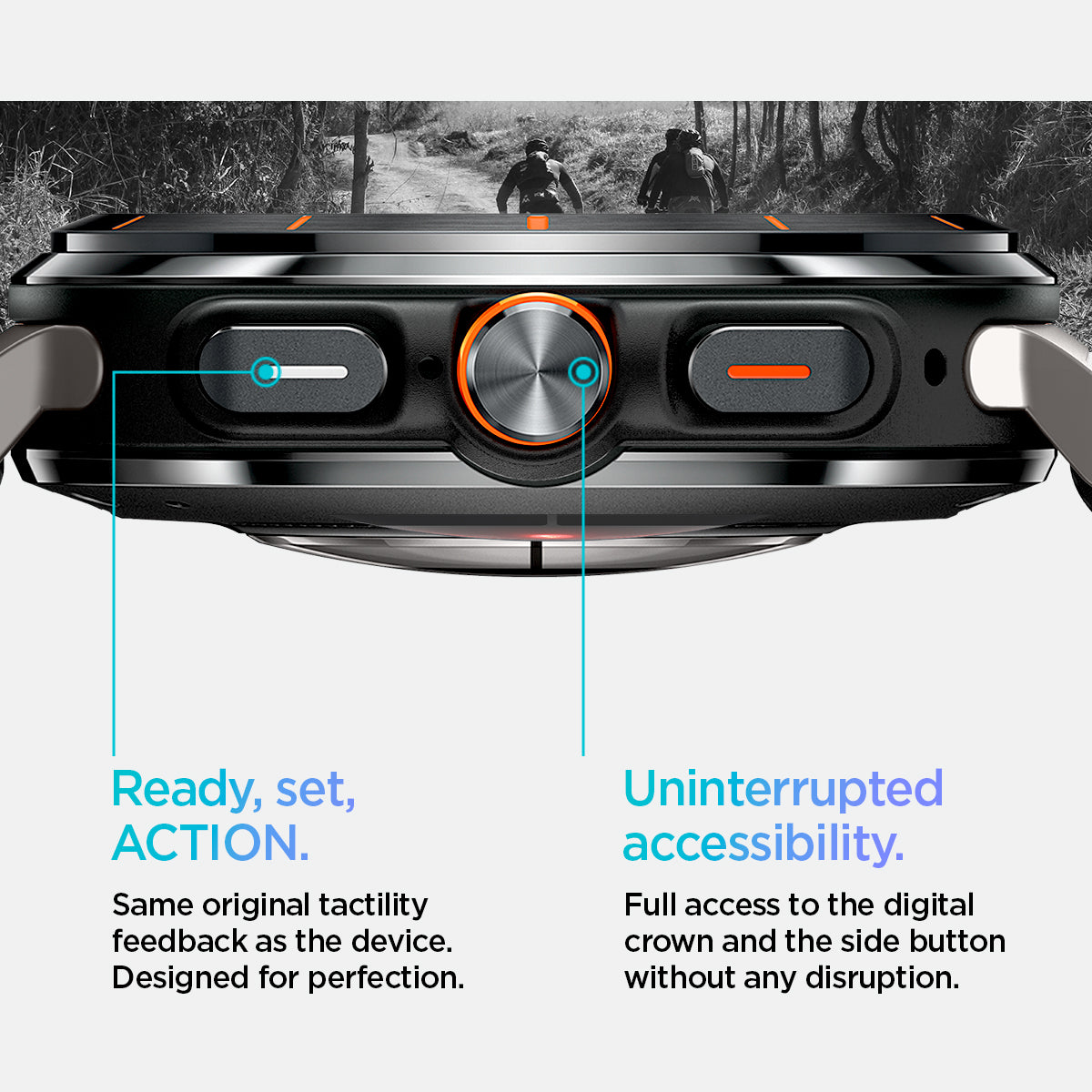 AMP08772 - Galaxy Watch Ultra (47mm) Lite Fit Band in Black ready set action. same original tactility feedback as the device. designed for perfection. uninterrupted accessibility. full access to the digital crown and the side button with out any disruption