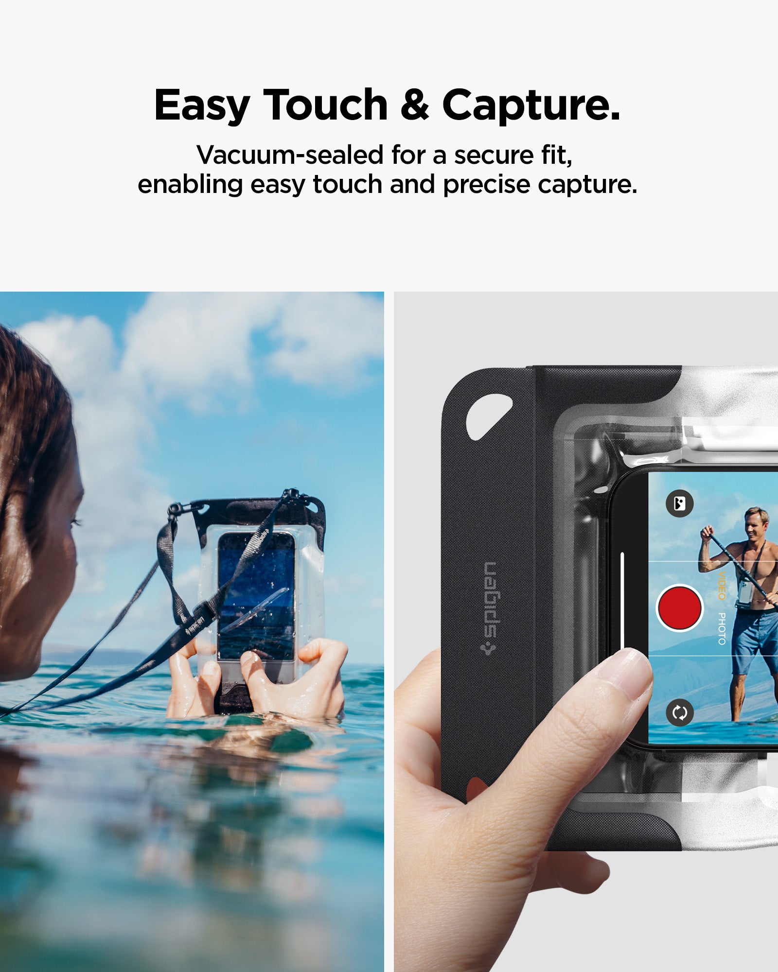 ACS09306 - AquaShield Waterproof Phone Pouch | A602 in Black showing the easy touch and care. Vacuum-sealed for a secure fit, enabling easy to touch and precise capture
