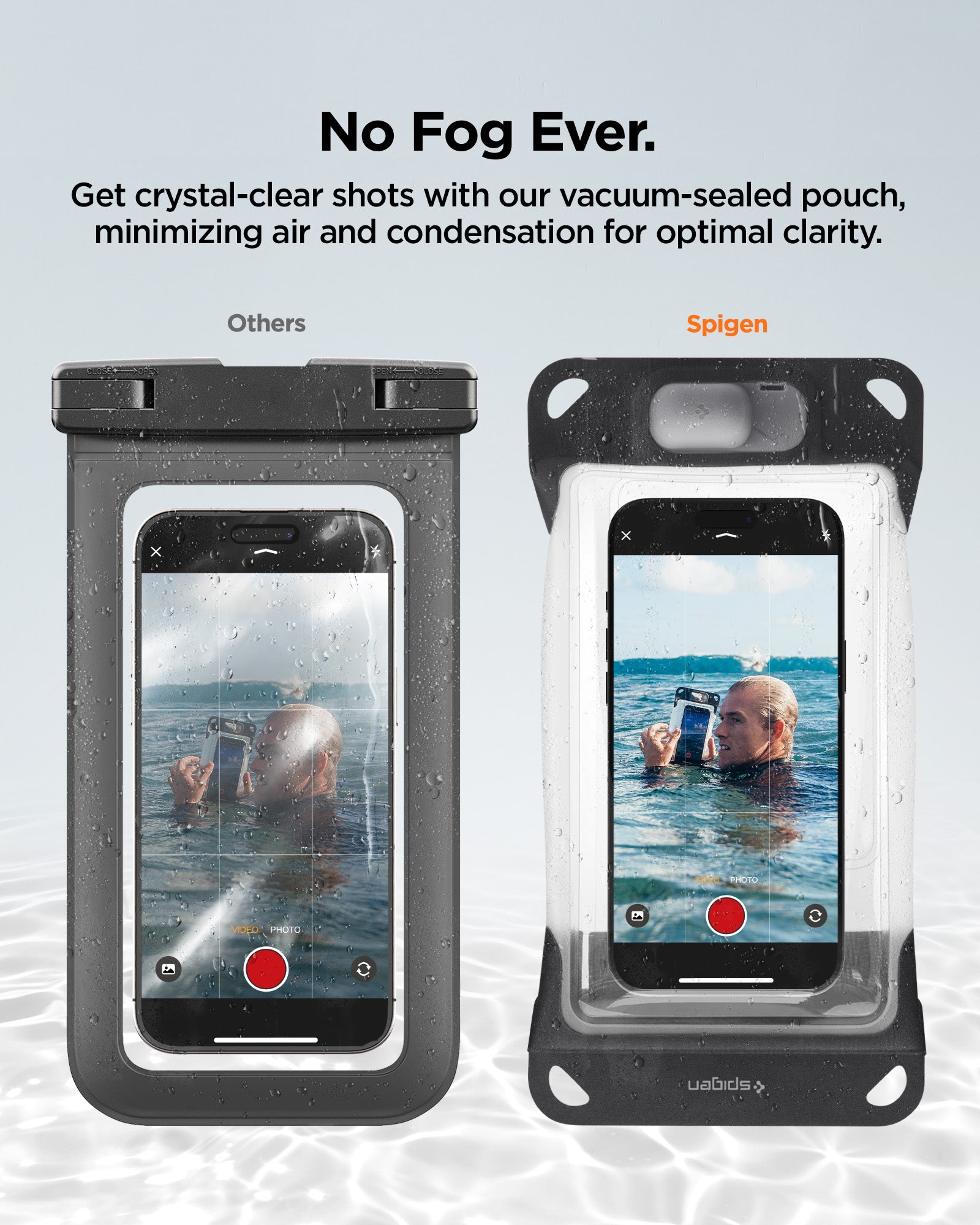 ACS09306 - AquaShield Waterproof Phone Pouch | A602 in Black showing the no fog ever. Get crystal-clear shots with our vacuum-sealed pouch, minimizing air and condensation for optimal clarity