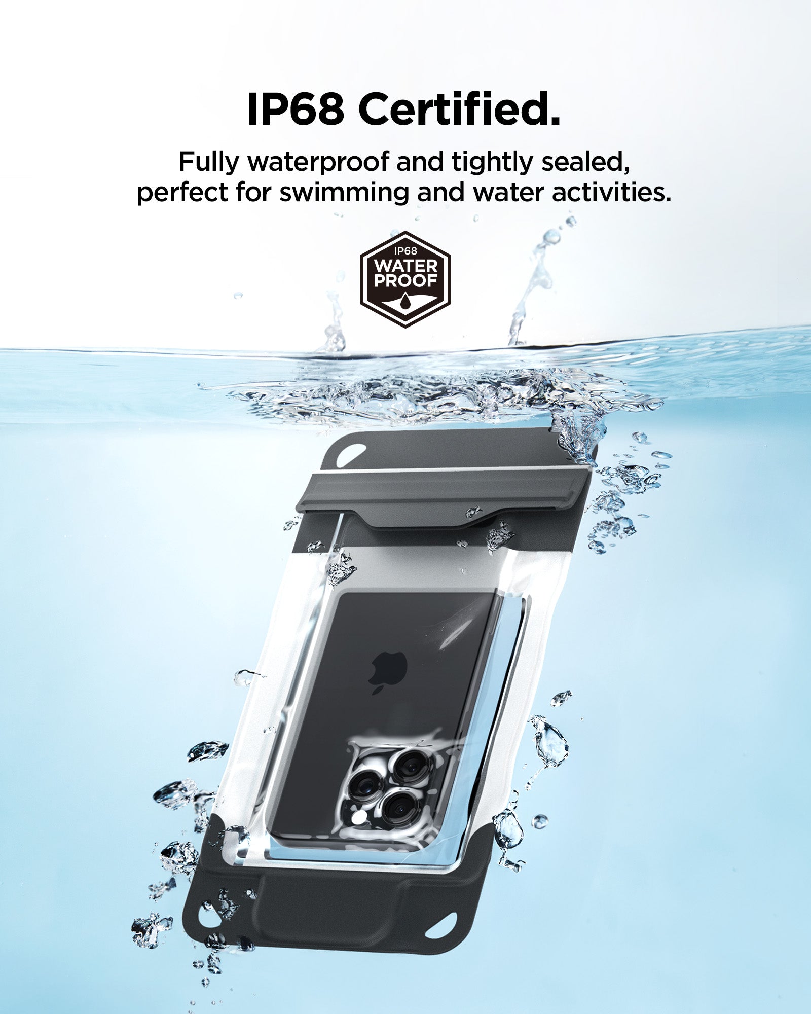 ACS09306 - AquaShield Waterproof Phone Pouch | A602 in Black showing the IP68 Certified. Fully waterproof and tightly sealed, perfect for swimming and water activities