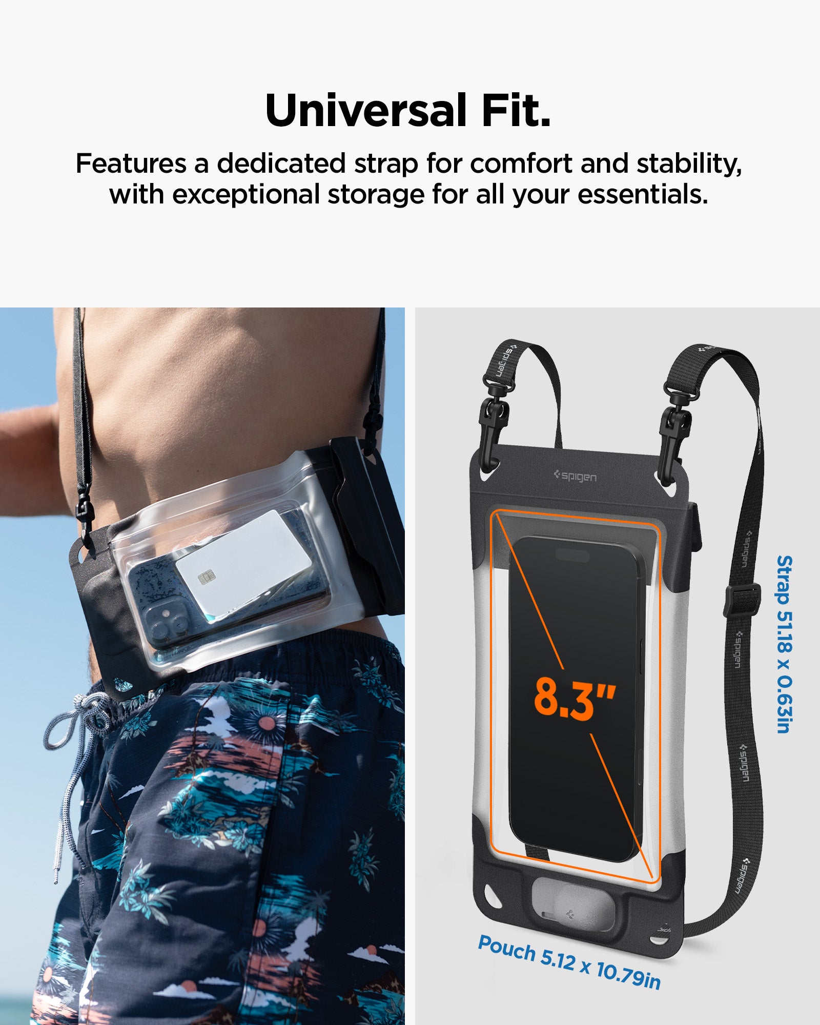 ACS09306 - AquaShield Waterproof Phone Pouch | A602 in Black showing the universal Fit. Features a dedicated strap for comfort and stability, with exceptional storage for all your essentials. Strap 51.18x0.63in x 5.12x10.79in