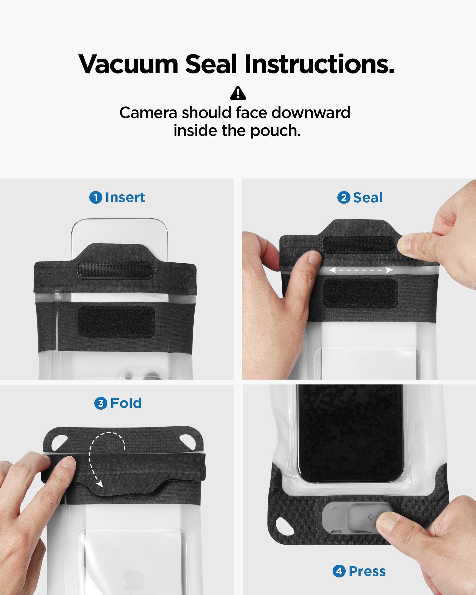 ACS09306 - AquaShield Waterproof Phone Pouch | A602 in Black showing the vacuum seal instructions. Camera should face downward inside the pouch. 1. Insert 2. Seal 3. old and 4. Press
