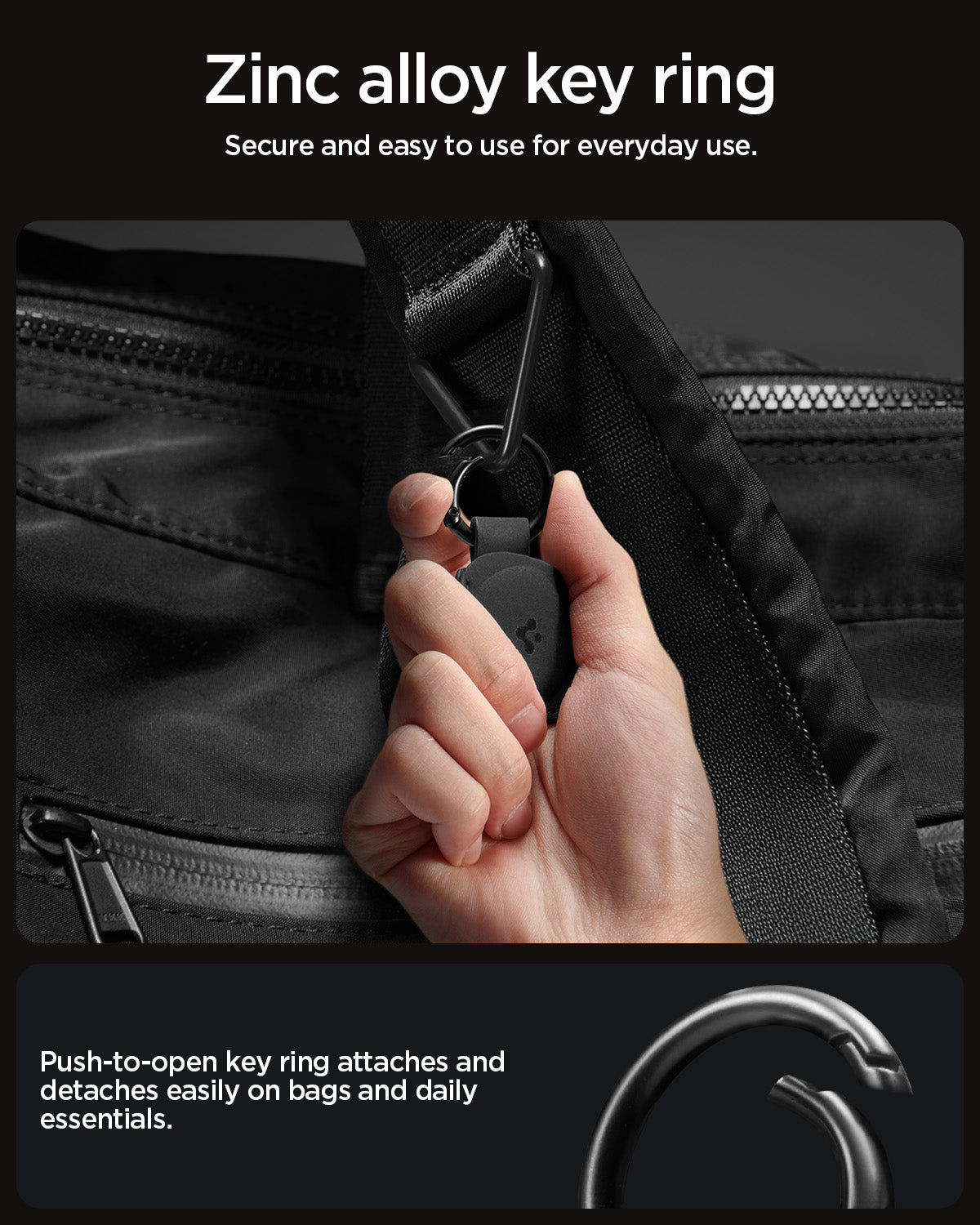ACS09750 - AirTag Holder Keychain | AT200 in Black showing the zinc alloy key ring. Secure and easy to use for everyday use. Push-to-open key ring attaches and detaches easily on bags and daily essentials