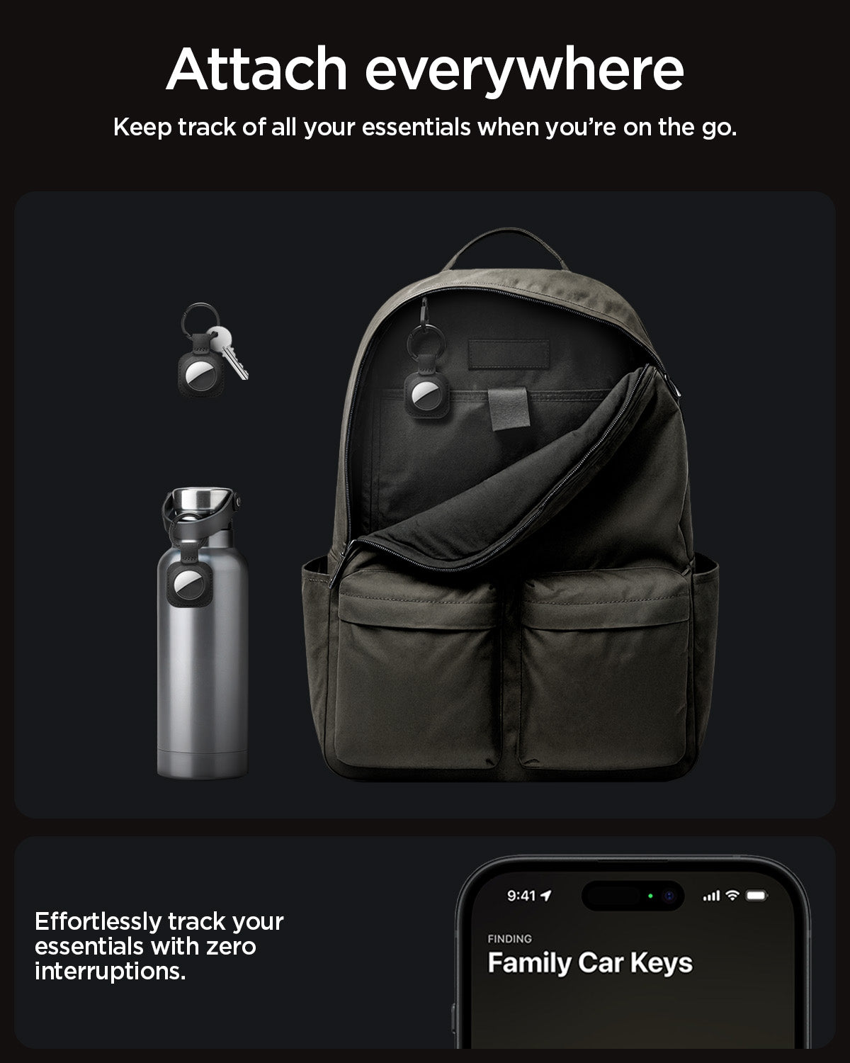 ACS09750 - AirTag Holder Keychain | AT200 in Black showing keeping track of all your essentials when you're on the go. Effortlessly track your essentials with zero interruptions