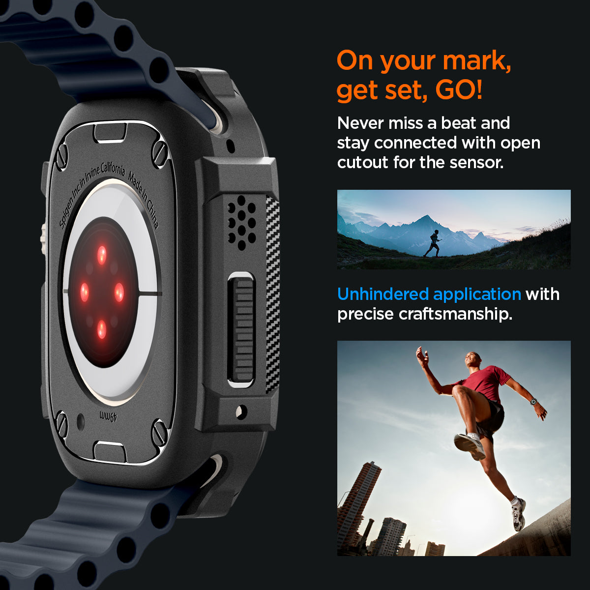 ACS05456 - Apple Watch Series (Apple Watch (49mm)) in matte black never miss a beat and stay connected with open cutout for the sensor. Write down On your mark, get set GO! Unhindered application with precise craftsmanship.