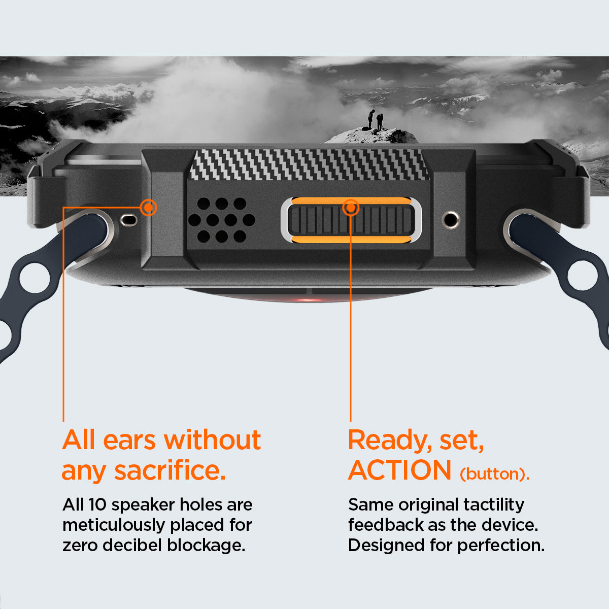 ACS05456 - Apple Watch Series (Apple Watch (49mm)) in matte black has all 10 speaker holes are meticulously placed for zero decibel blockage. All ears without any sacrifice. Also has Ready, set action button. Same original tactility feedback as the device. Designed for perfection.