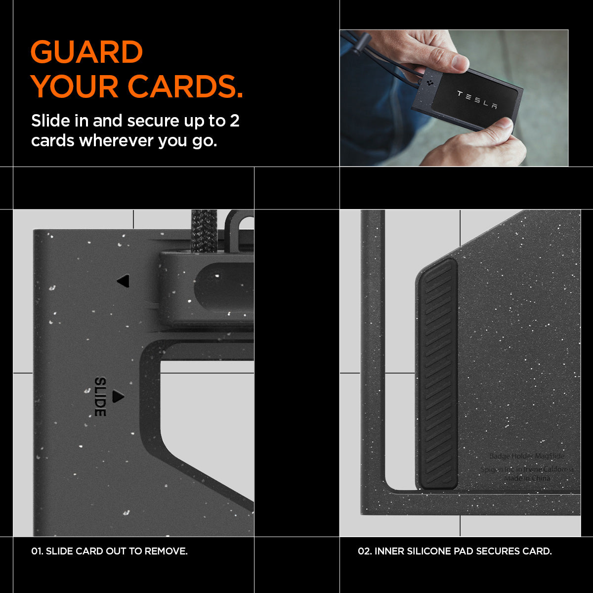 AFA08860 - Badge Holder MagSlide in Black showing the slide in and secure up to 2 cards wherever you go, 1. slide car out to remove 2. inner silicone pad secures card