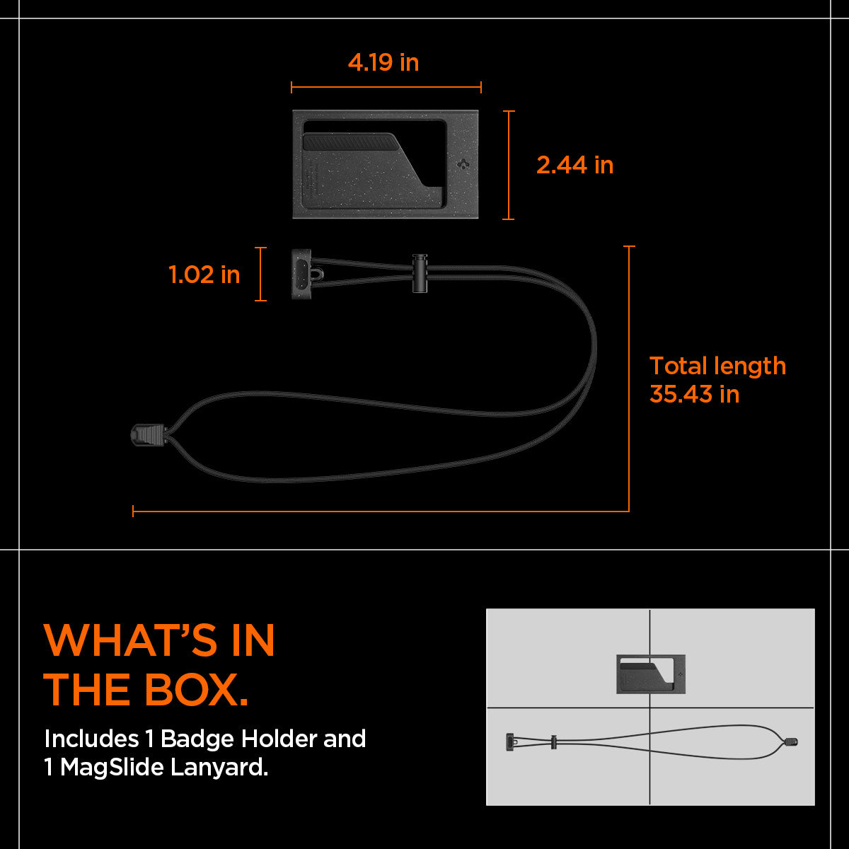 AFA08860 - Badge Holder MagSlide in Black showing what's in the box, includes 1 Badge Holder and 1 MagSlide Lanyard, Holder size 2.44 in x 4.19 in - Lanyard size total length 35.43 in x 1.02 in