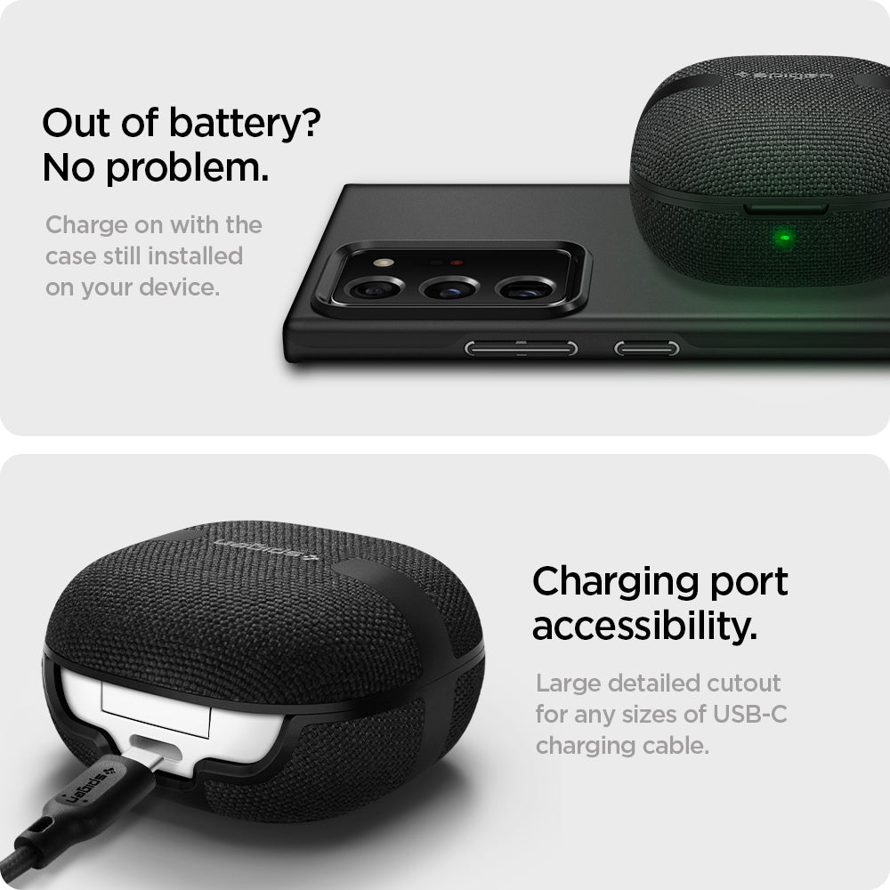 ASD01278 - Galaxy Buds 2 Pro / 2 / Pro / Live Case Urban Fit in black Out of battery? No problem. Charge on with the case still installed on your device. Charging port accessibility. Large detailed cutout for any sizes of USB-C charging cable.