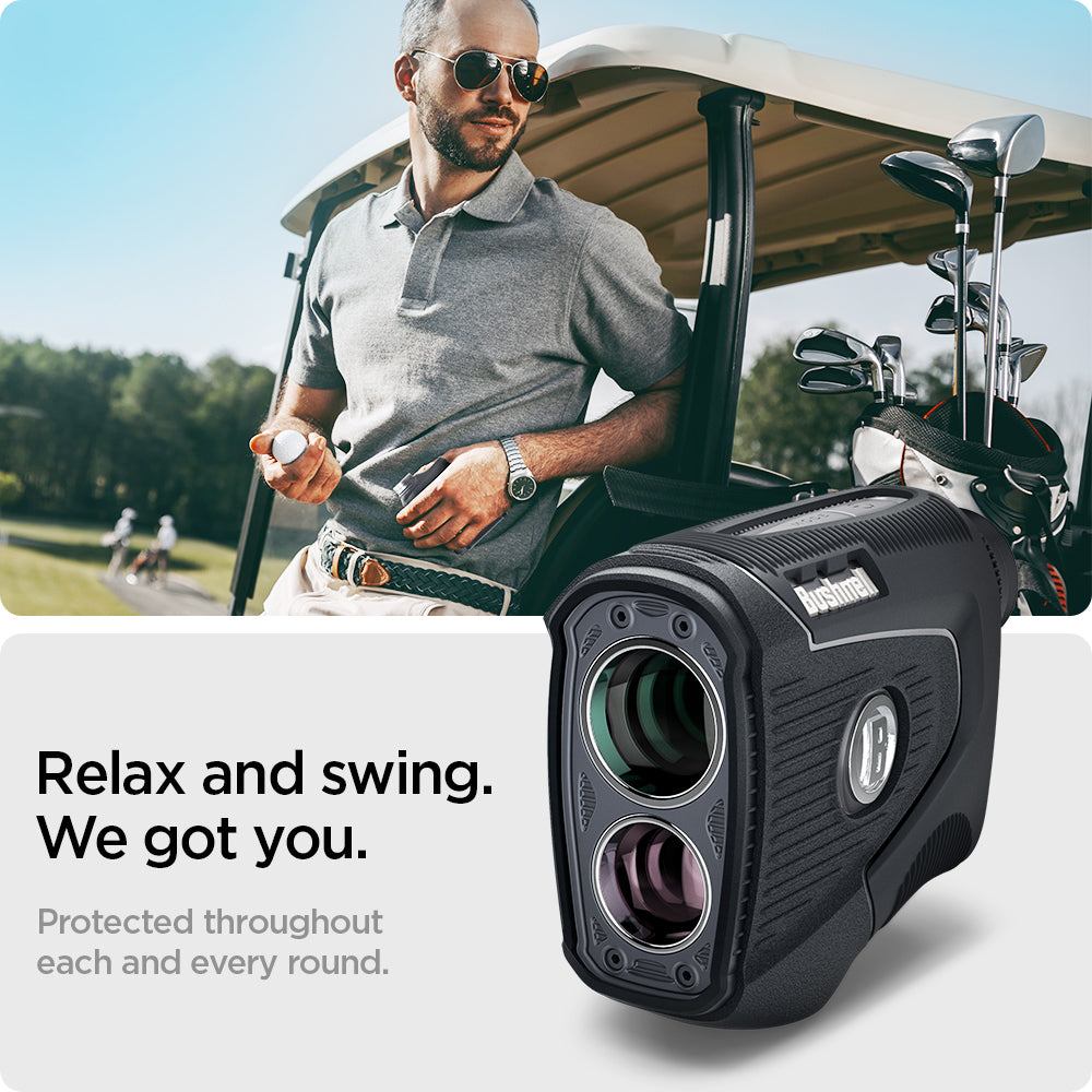 ACS04228 - Bushnell Pro XE Rangefinder AirTag Case in black showing the protection throughout each and every round