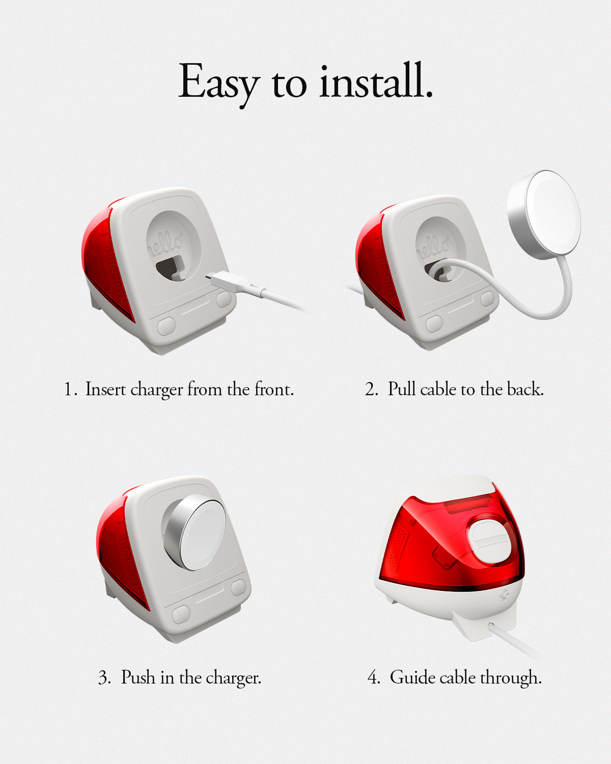 AMP09341 - Apple Watch Classic C1 Charger Stand in ruby easy to install. insert charger from the front. pull cable to the back. push in the charger. guide cable though.