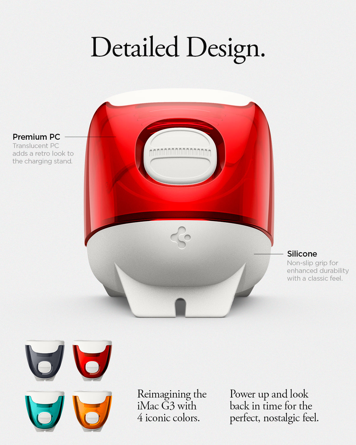 AMP09341 - Apple Watch Classic C1 Charger Stand in ruby detailed design. premium pc. translucent pc adds a retro look to the charging stand. Silicone. Non slip grip for enhanced durability with a classic feel. Reimagining the iMac G3 with 4 iconic colors. Power up and look back in time for the perfect, nostalgic feel.
