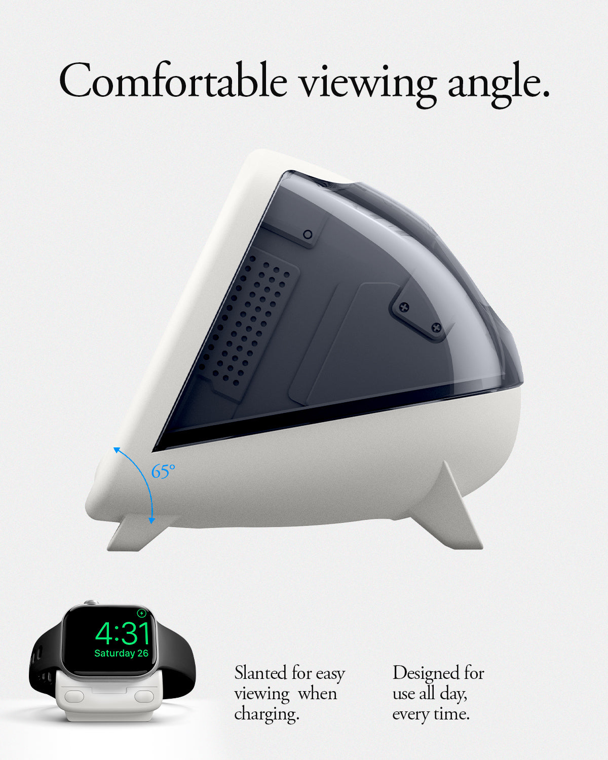 AMP09340 - Apple Watch Classic C1 Charger Stand in graphite comfortable viewing angle. Slanted or easy viewing when charging. Designed for use all day every time.