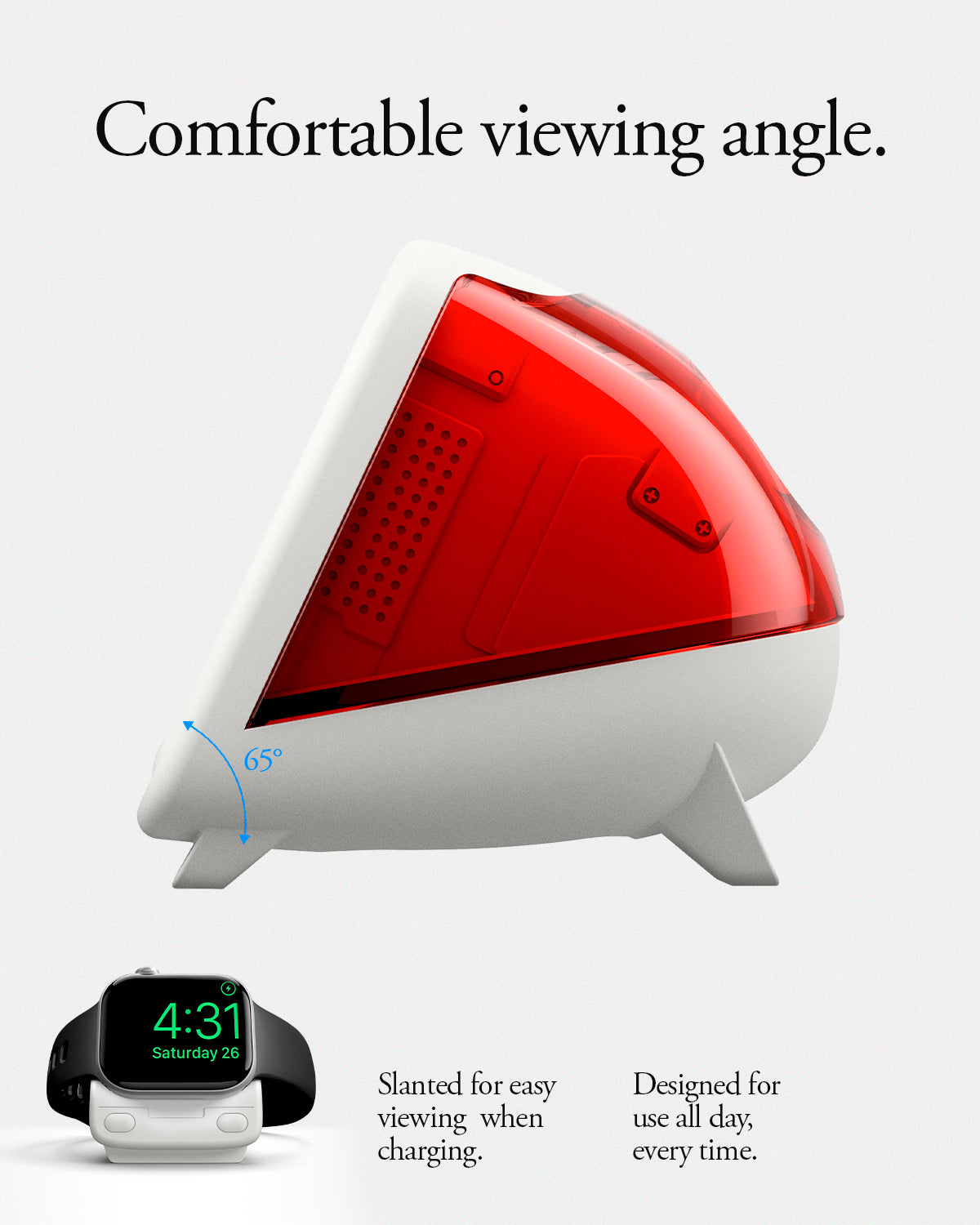 AMP09341 - Apple Watch Classic C1 Charger Stand in ruby comfortable viewing angle. Slanted or easy viewing when charging. Designed for use all day every time.