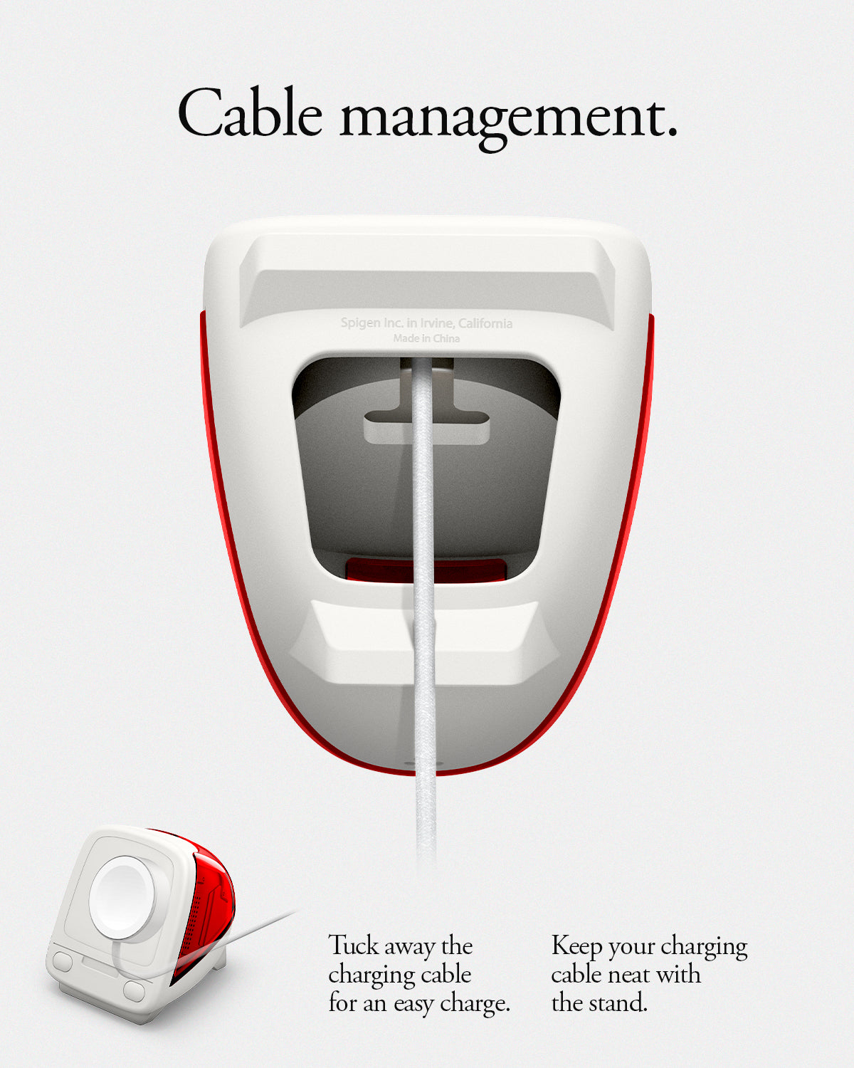 AMP09341 - Apple Watch Classic C1 Charger Stand in ruby cable management. tuck away the charging cable for an easy charge. Keep your charging cable neat with the stand.