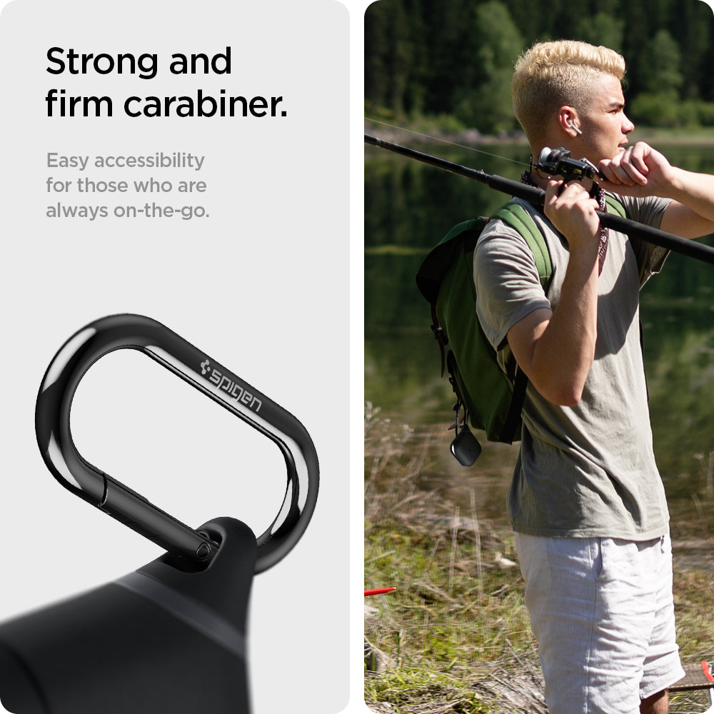 ASD01990 - Apple AirPods 3 Case Slim Armor IP in black showing the strong and firm carabiner. Easy accessibility for those who are always on-the-go