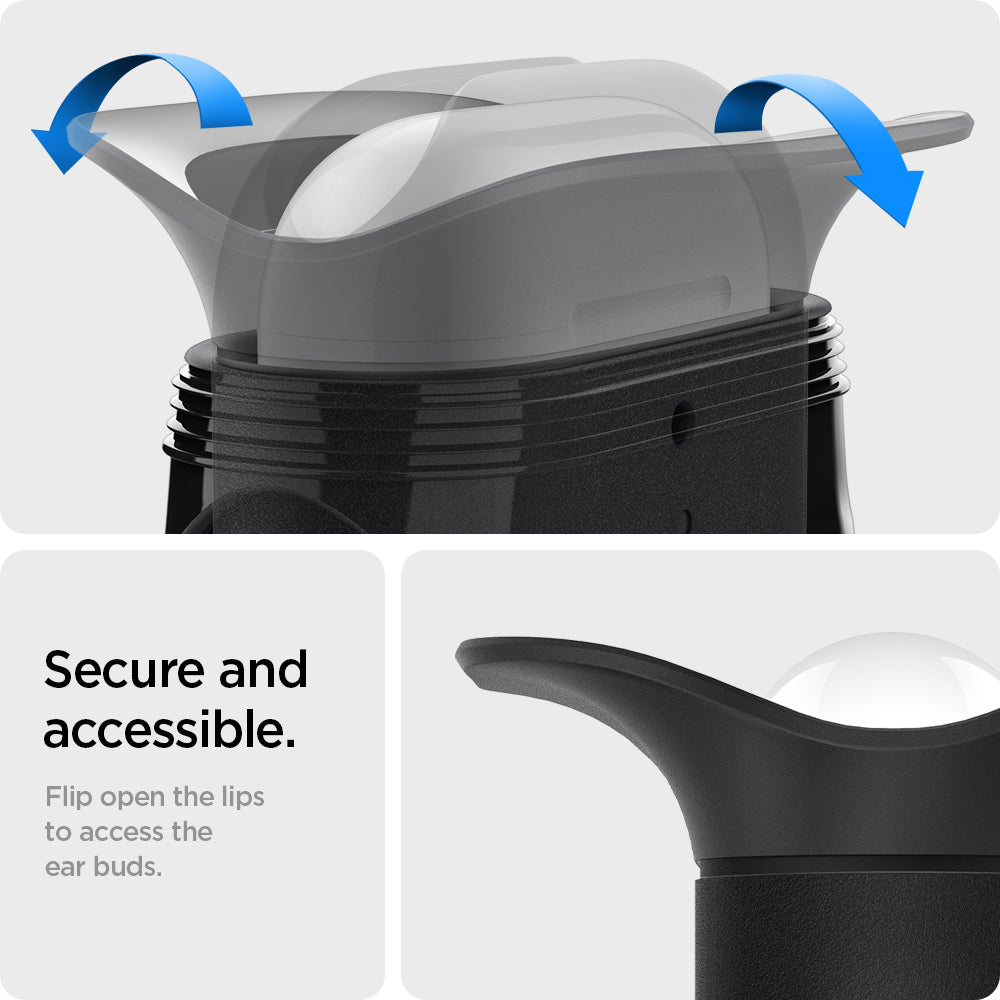 ASD01990 - Apple AirPods 3 Case Slim Armor IP in black showing the security and accessibility. Flip open the lips to access the ear buds