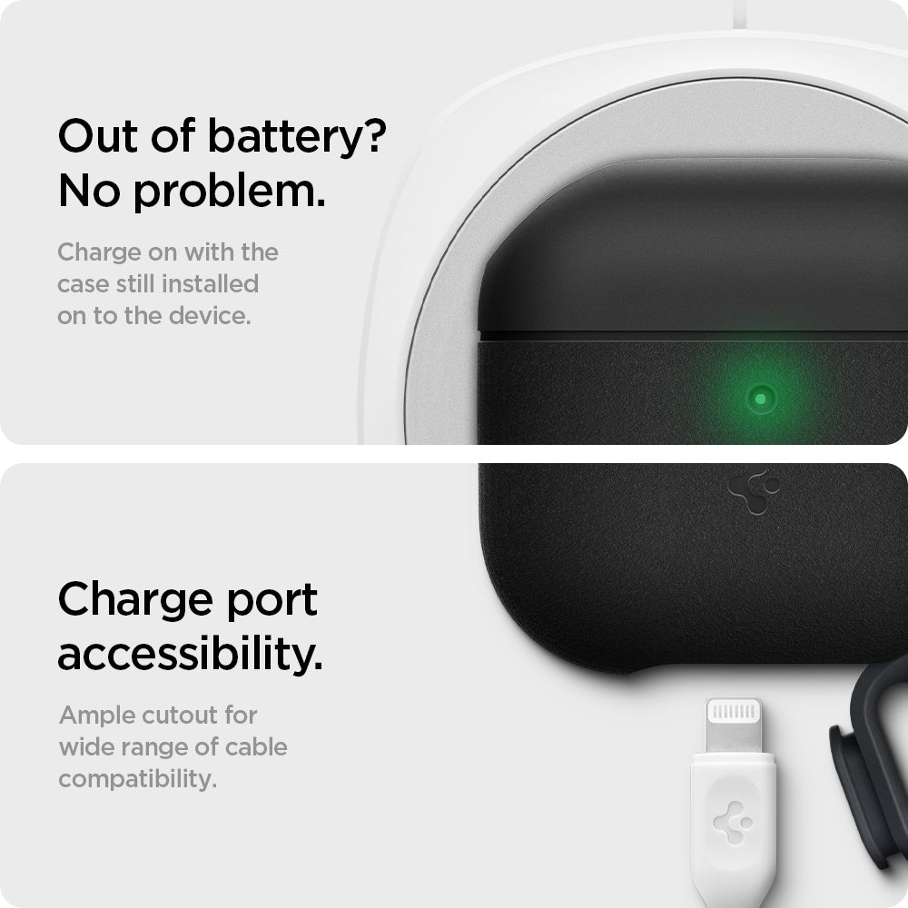ASD01990 - Apple AirPods 3 Case Slim Armor IP in black showing the charging on with the case still installed on to the device with ample cutout for wide range of cable compatibility