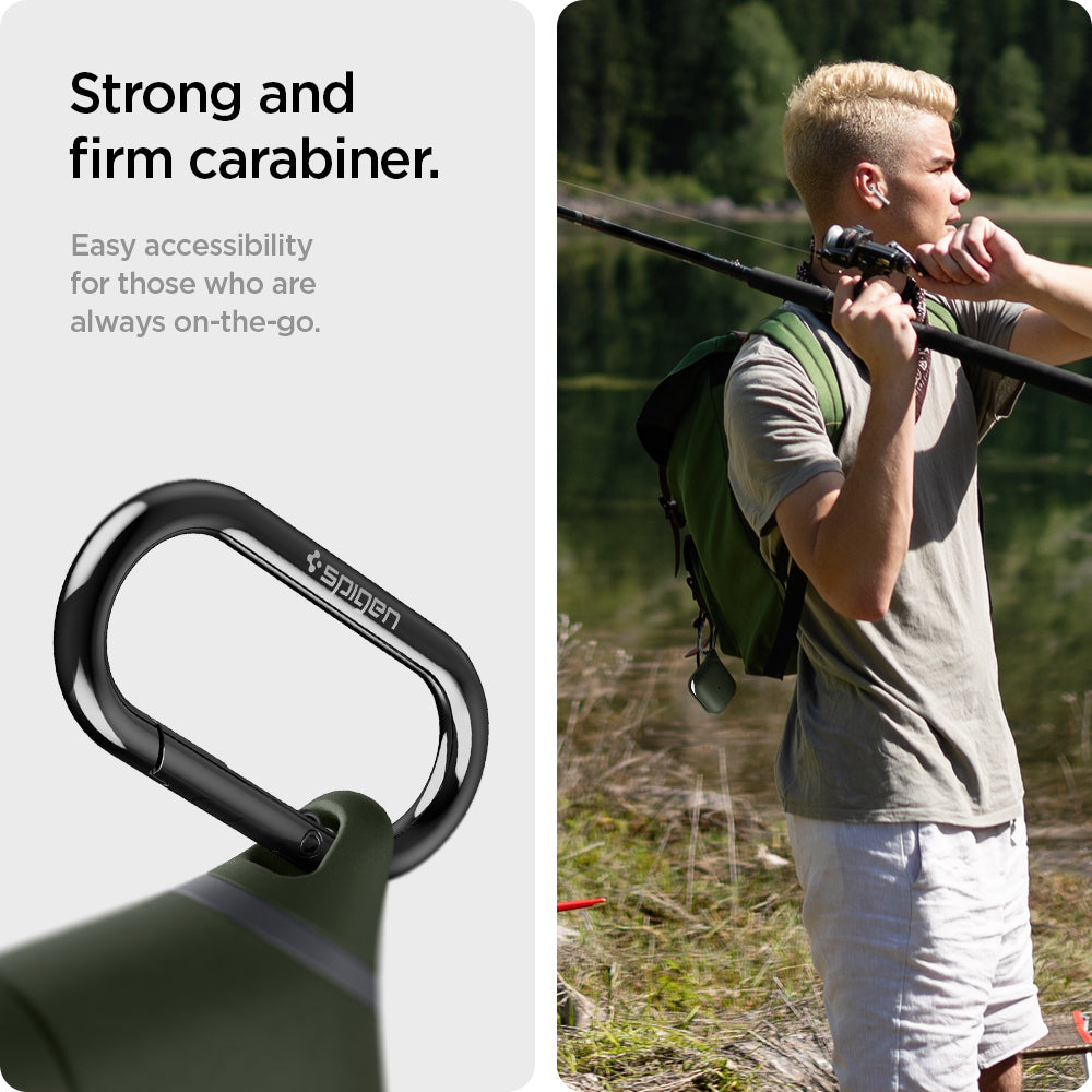 ASD01991 - Apple AirPods 3 Case Slim Armor IP in military green showing the strong and firm carabiner. Easy accessibility for those who are always on-the-go