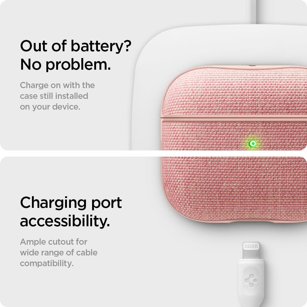 ASD02112 - Apple AirPods 3 Case Urban Fit in rose gold showing charging on with the case while still installed on your device. Charging port accessibility. Ample cutout for wire range of cable compatibility