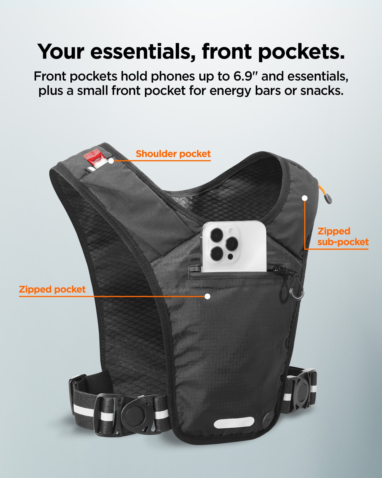 AMP07603 - Dynamic Shield™ Running Vest | A720 in Black showing the front pockets hold phones up to 6.9" and essentials, plus a small front pocket for energy bars or snack. Shoulder pocket, zipped sub-pocket and zipped pocket