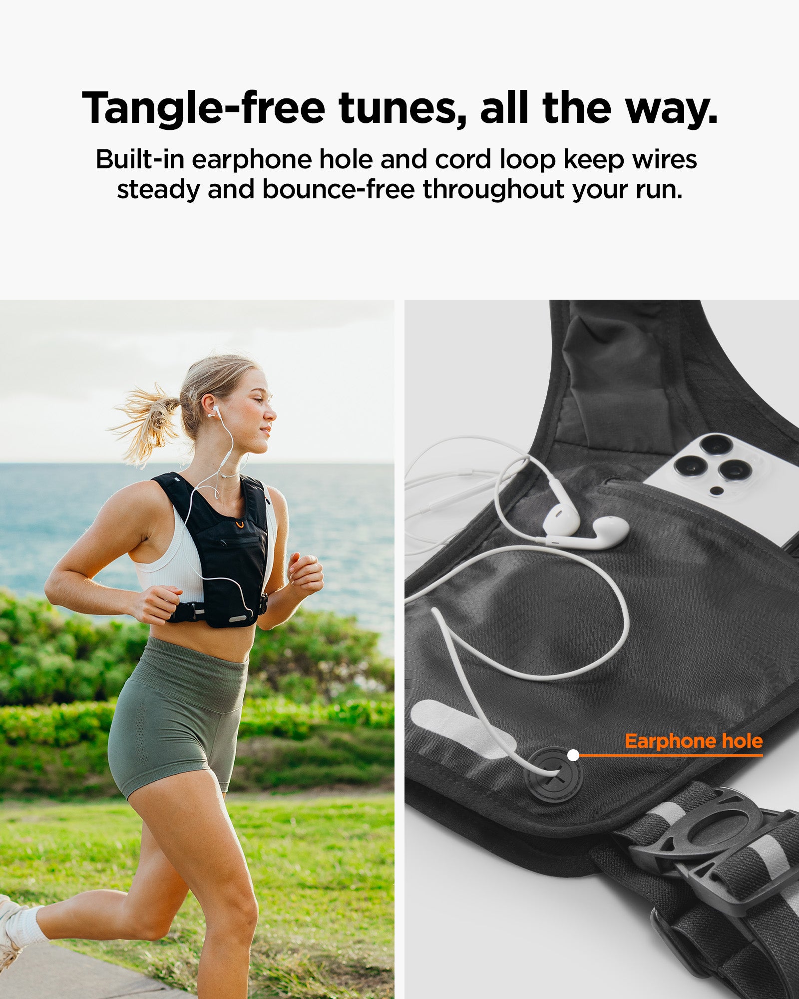 AMP07603 - Dynamic Shield™ Running Vest | A720 in Black showing the tangle-free tunes, all the way. Built-in earphone hole and cord look keep wires steady and bounce-free throughout your run