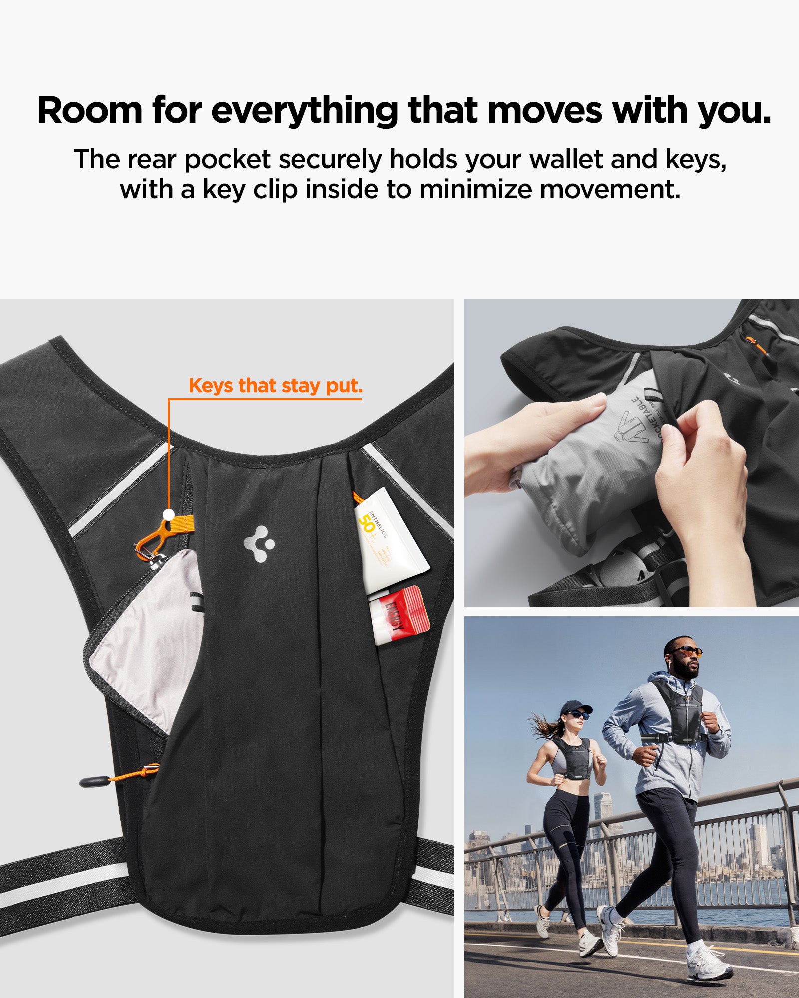 AMP07603 - Dynamic Shield™ Running Vest | A720 in Black showing the room for everything that moves with you. The rear pocket securely holds your wallet and keys, with a key clip inside to minimize movement