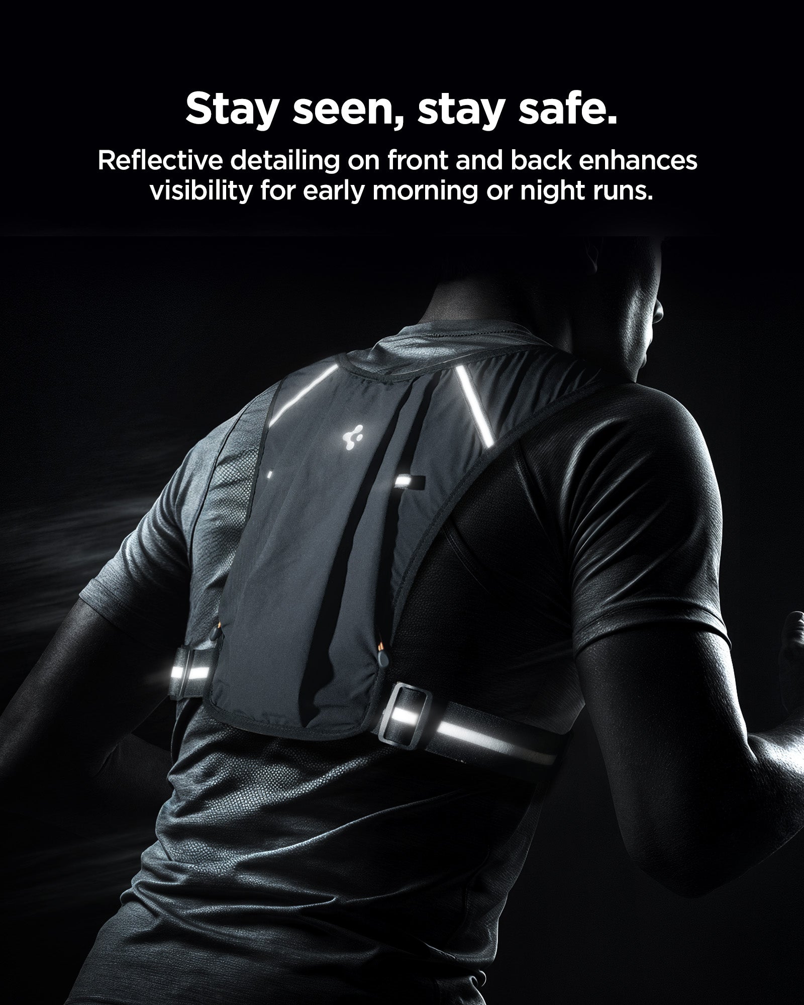 AMP07603 - Dynamic Shield™ Running Vest | A720 in Black showing the reflective detailing on front and back enhances visibility for early morning or night
