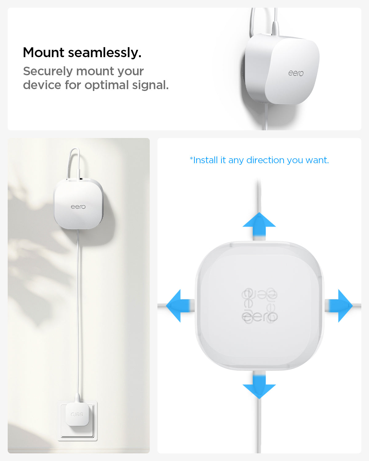 AMP09409 - Eero 6 Mount | ER110 in White showing the mount seamlessly. Securely mount your device for optimal signal. Install it any direction you want