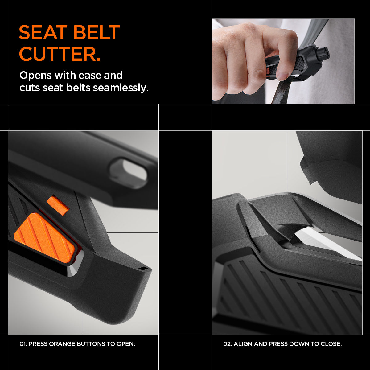 ACP06988 - Car Escape Tool in Black showing the Seat Belt Cutter. Opens with ease and cuts seat belts seamlessly. Instruction: 1. Press orange buttons to open and 2. Align and press down to close