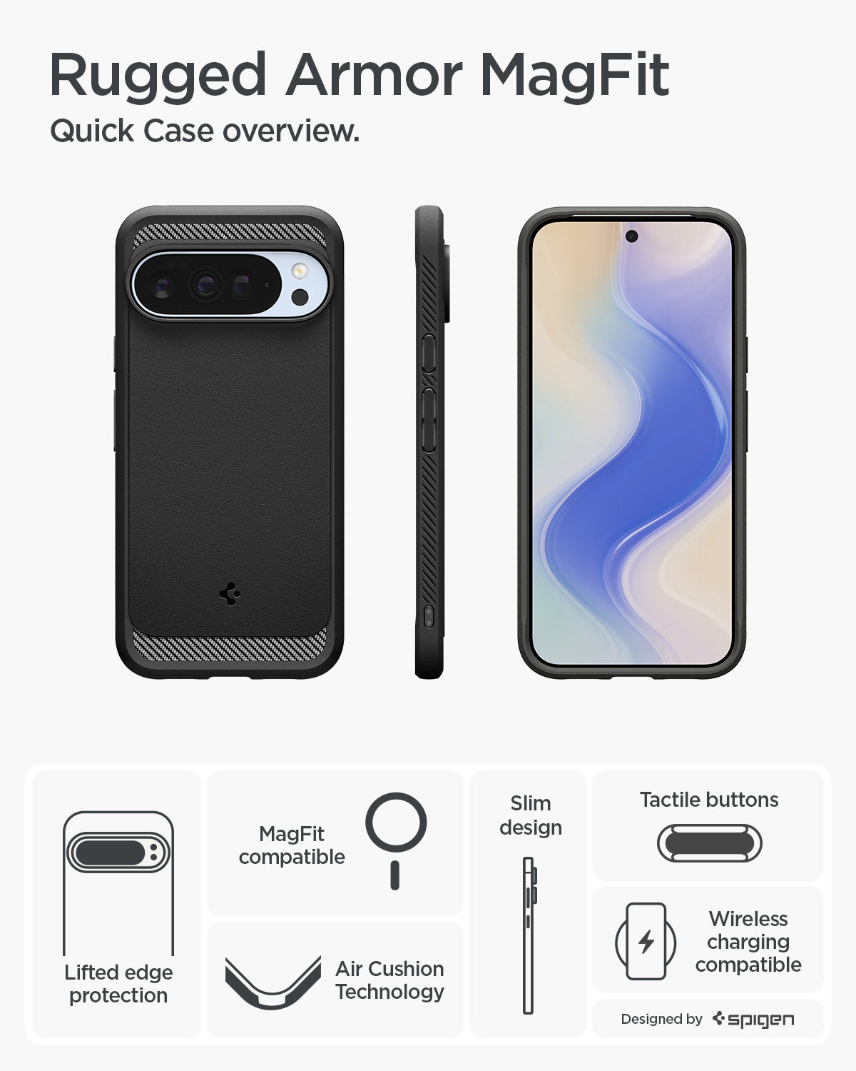 ACS09721 - Pixel 10 Pro XL Case Rugged Armor (MagFit) in black showing the quick case overview. Lifted edge protection, MagFit compatible, Air Cushion Technology, slim design, tactile buttons and wireless charging compatible