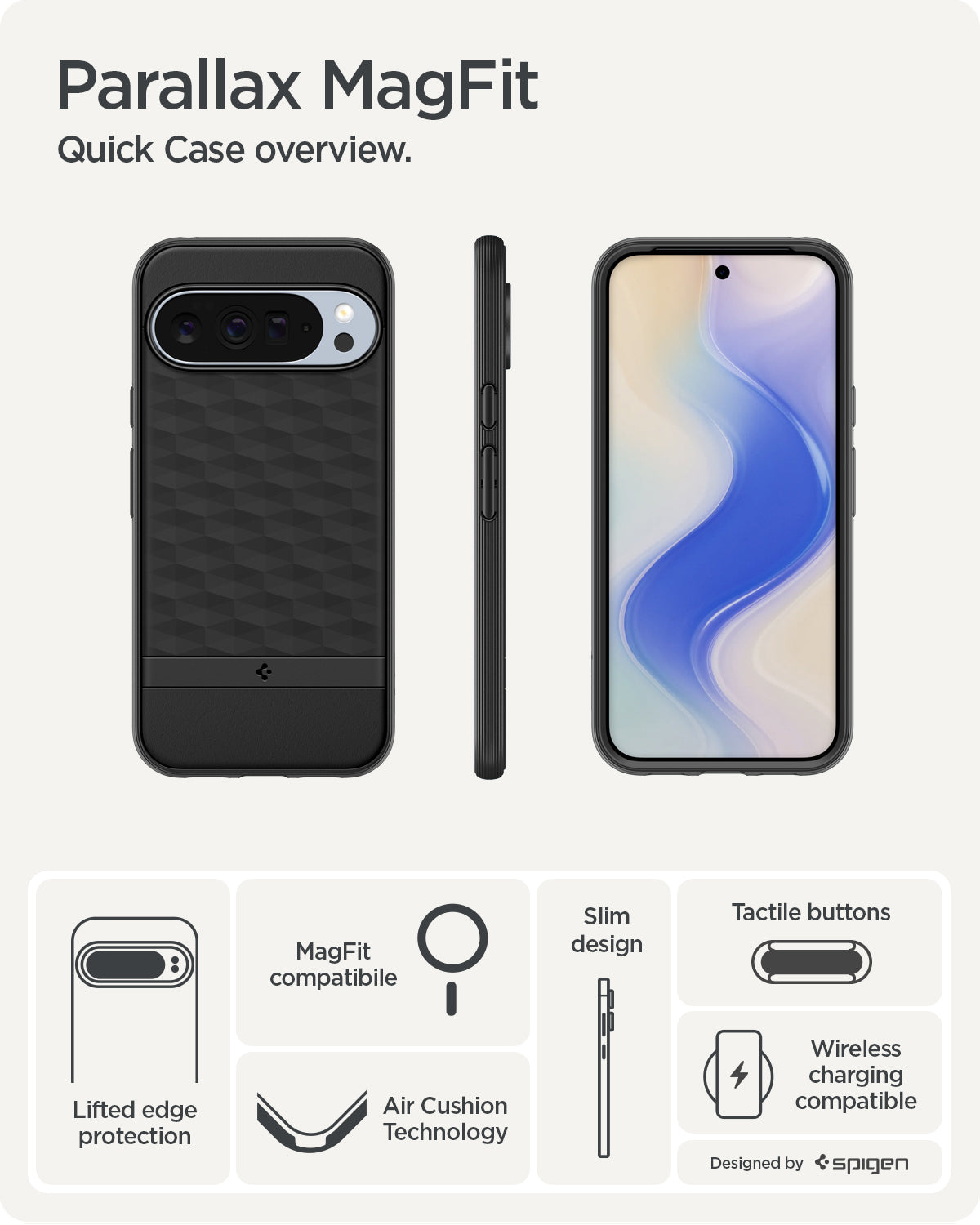 ACS09731 - Pixel 10 Pro XL Case Parallax (MagFit) in black showing the quick case overview. Lifted edge protection, MagFit compatible, AirCushion Technology, slim design and tactile buttons.