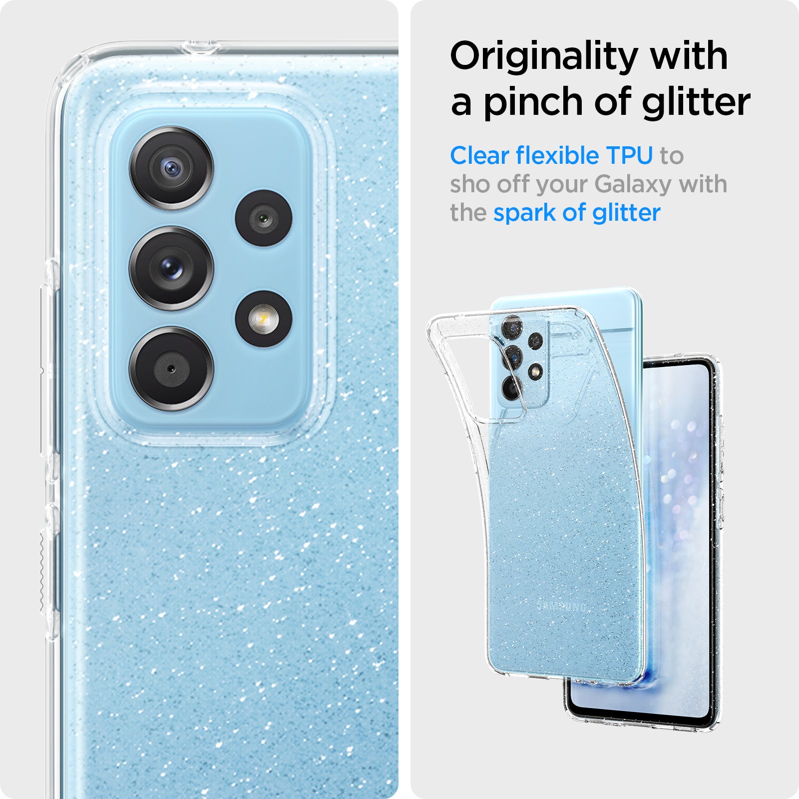 ACS02317 - Galaxy A52 Case Liquid Crystal Glitter in Crystal Quartz originality with a pinch of glitter. Clear flexible TPU to show off your galaxy with the spark of glitter.