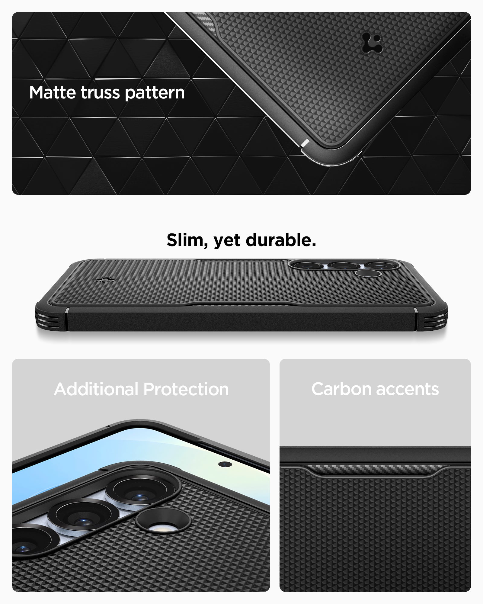 ACS08924 - Galaxy S25 Case Core Armor (MagFit) in Matte Black Matte truss pattern. Slim, yet durable. Additional protection. Carbon accents.